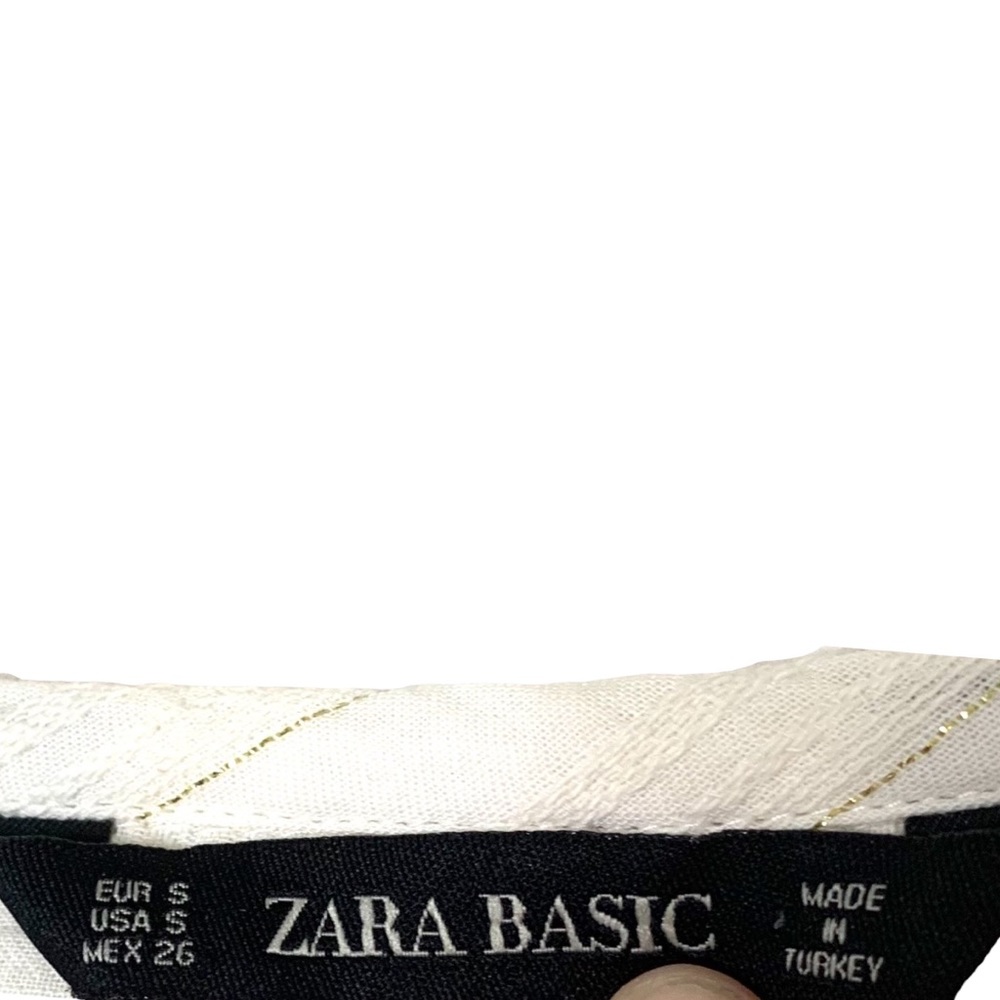 Zara Cream & Metallic Gold Thread Small Ruffle Lace Up Front Top - Picture 2 of 4
